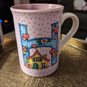Mary Engelbreit Mug Initial H Purple Lavender Blue House Heart Floral Whimsical